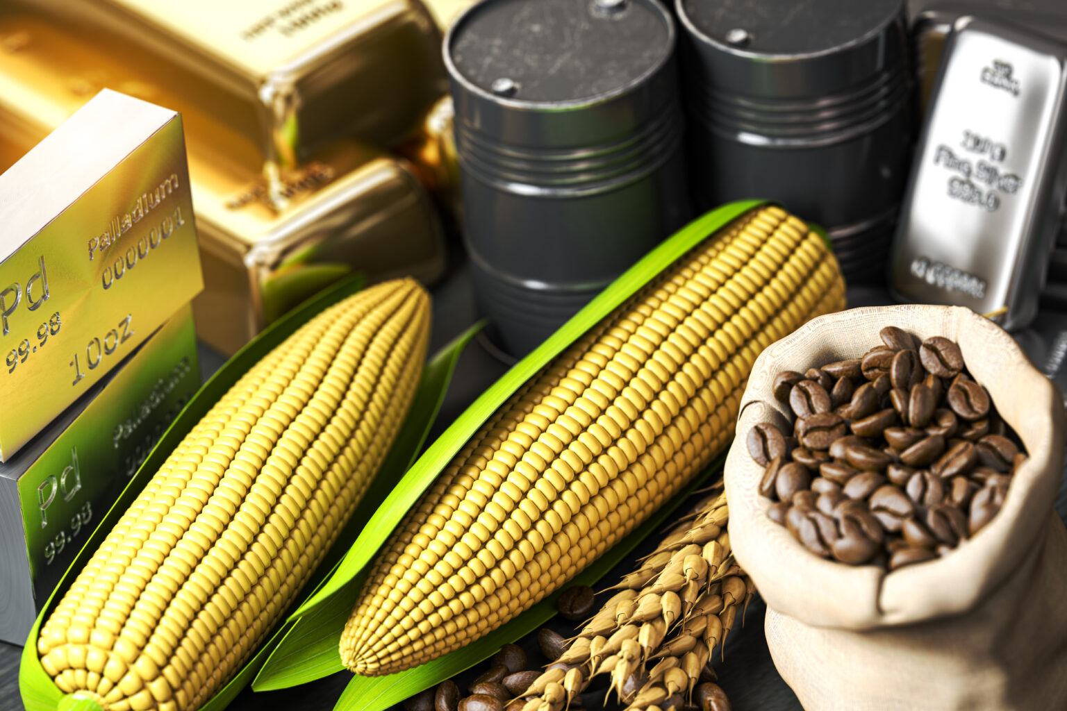 Commodities.  Crude oil, gold, silver, palladium, wheat corn and coffee beans. 3d illustration