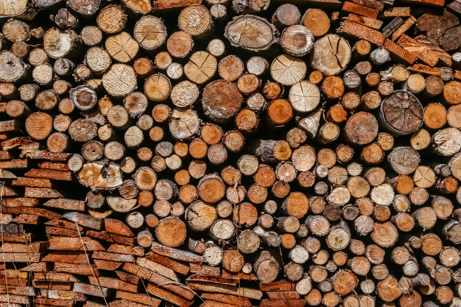 Firewood logs stacked in piles outside cottage